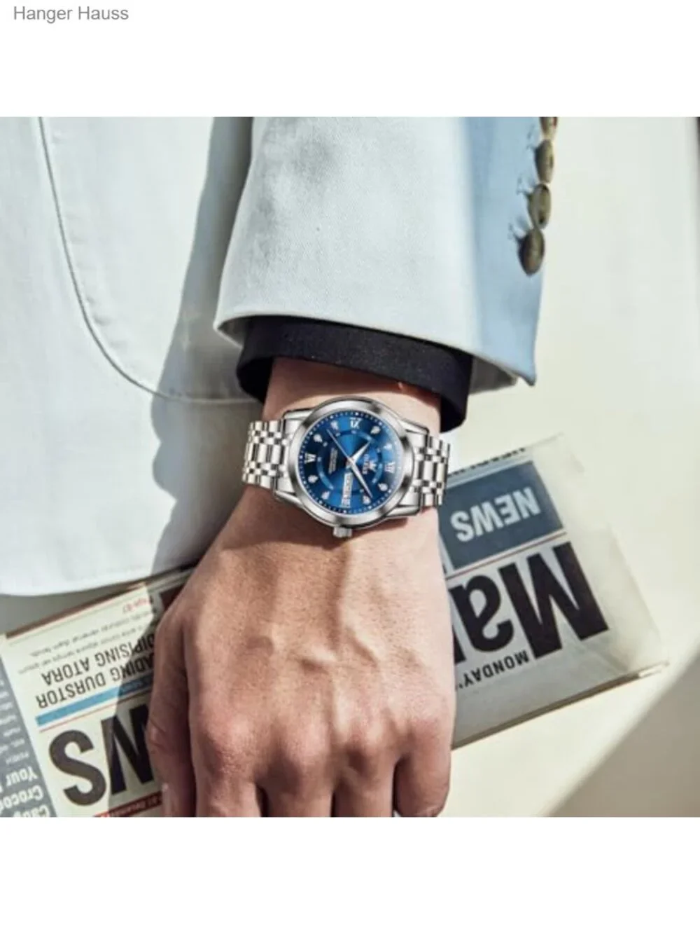 Men's Stainless Steel Watch Large Face Roman Numerals Diamond Accented Analog